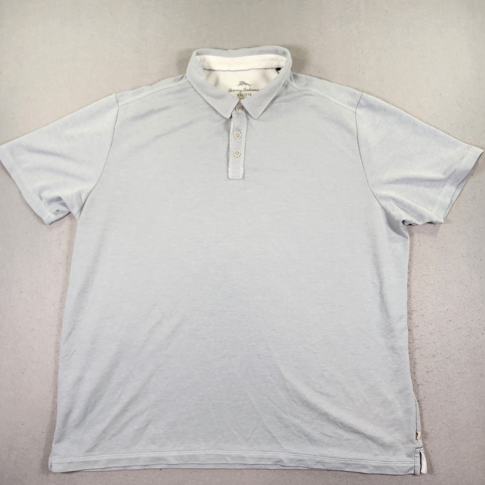 Tommy Bahama  Gray Solid Polo Shirt Logo Accent Size XXL Small Holes See Photo